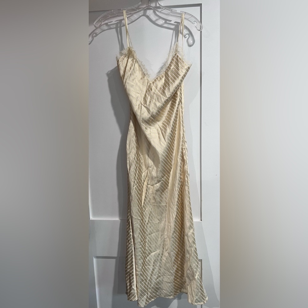 STAUD Strappy Maxi Dress with Lace Trim in Light Gold/White Allover Print